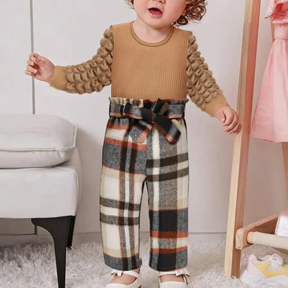 NWOT Stylish Kids Plaid Bottoms & Top Set - Beige and Brown 18-24 Months - Picture 2 of 4